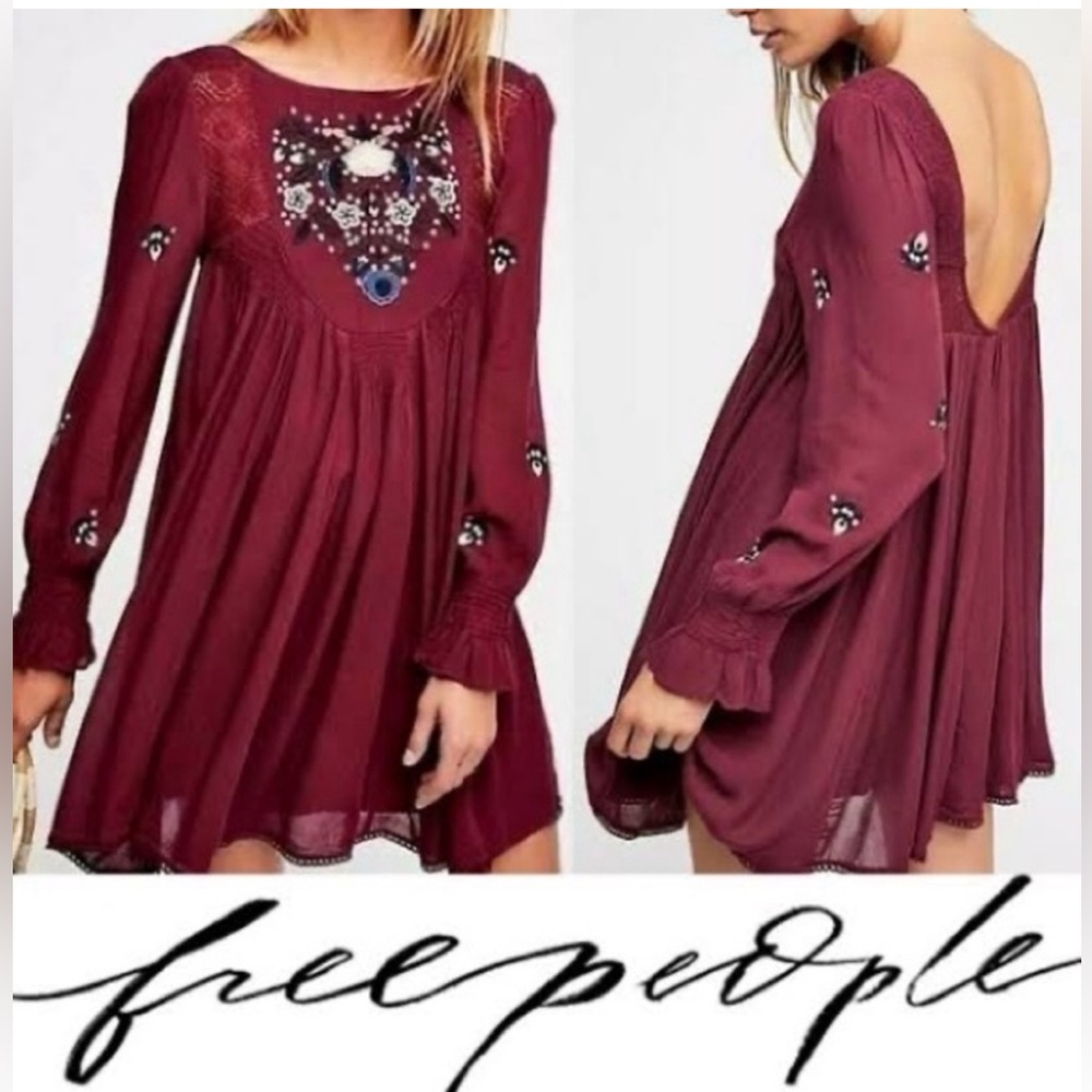 Free people burgundy dress with embroidery. Size XS